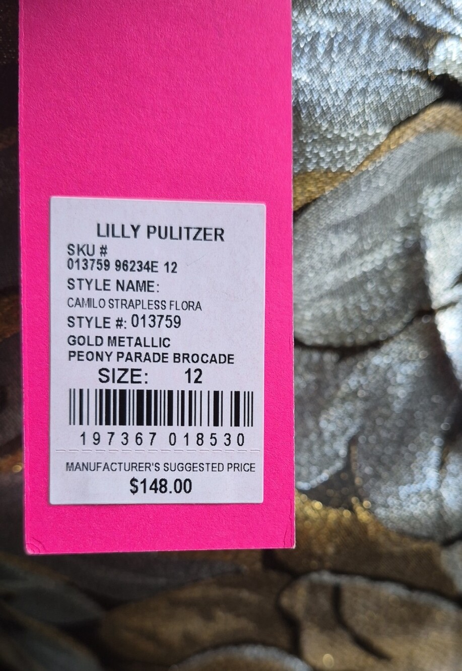 Lilly Pulitzer Camile Strapless Floral Jacquard Top Size 12 Gold Metallic